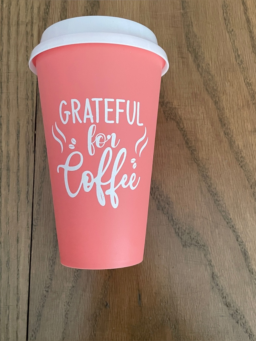 Pink reusable coffee cup with white text reading 'GRATEFUL for Coffee'. New.